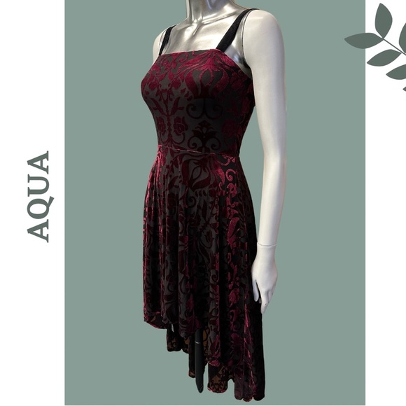 Aqua Burnout Velvet Baroque Burgundy Black High Low Lined Dress Stretch Small - Picture 5 of 11